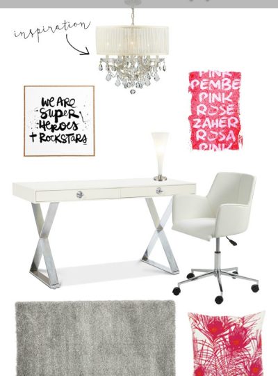 This home office is the perfect mix of modern and girly! Perfect pops of pink help finish off this chic home office.