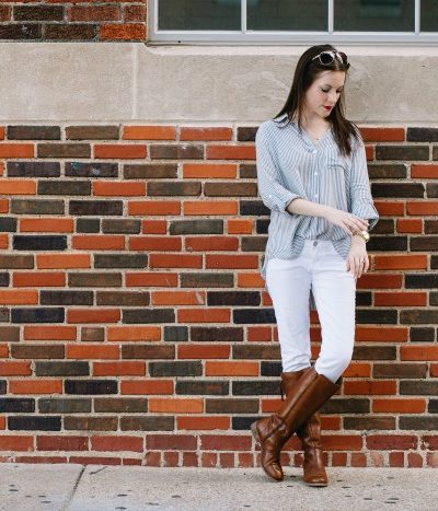 How to Style White Jeans for Fall with a pair of Riding Boots and Striped Boyfriend Shirt
